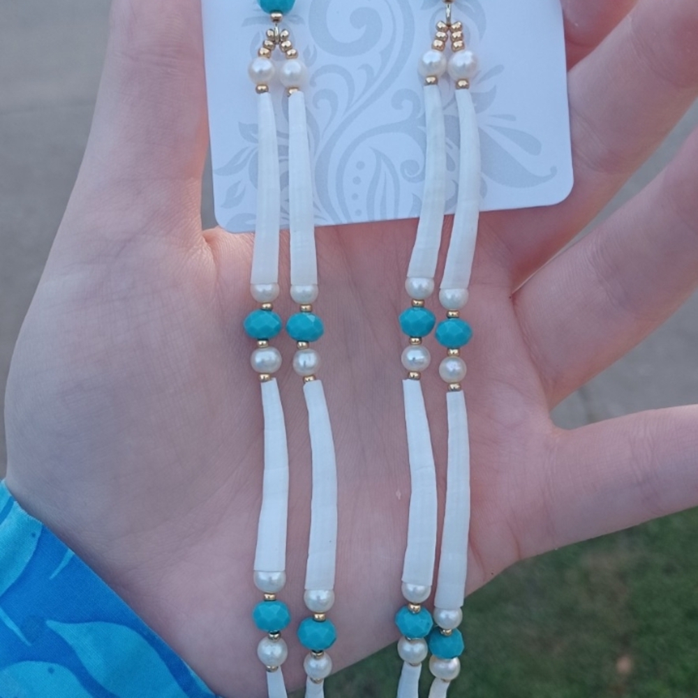 Elegant Dentalium and Turquoise Beaded Pearl Shoulder Duster Native Earrings